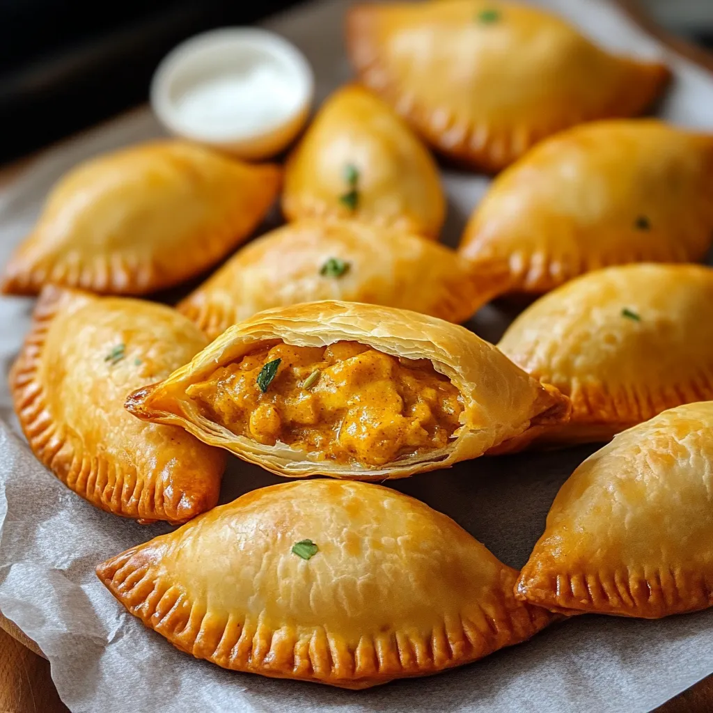Empanadillas de pollo y curry doradas al horno, servidas sobre bandeja con salsa de yogur