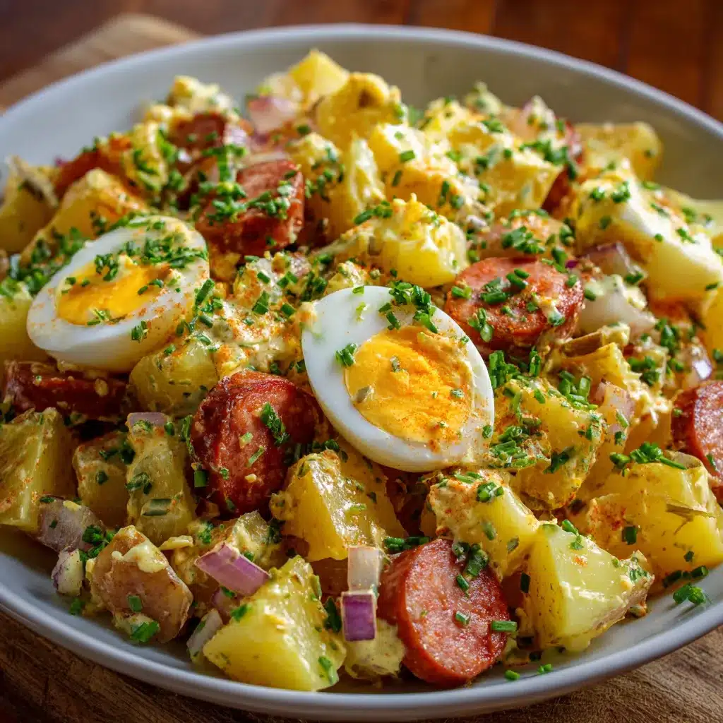 Ensalada alemana de patatas con salchichas, pepinillos y huevo duro servida fría en un bol blanco