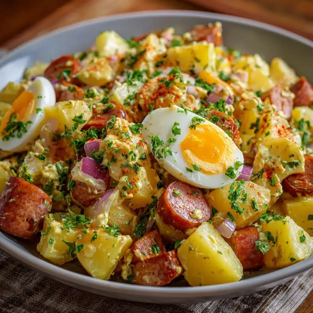 Ensalada alemana de patatas con salchichas, pepinillos y huevo duro servida fría en un bol blanco