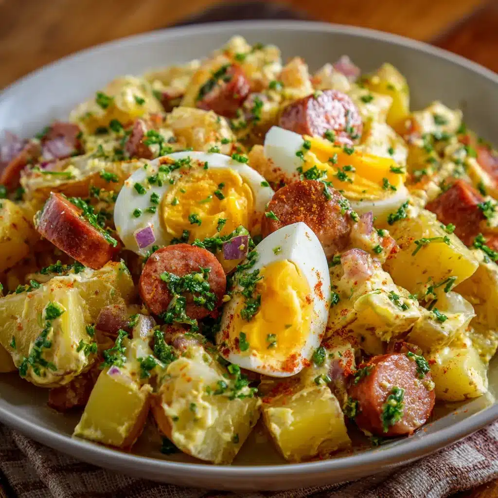 Ensalada alemana de patatas con salchichas, pepinillos y huevo duro servida fría en un bol blanco