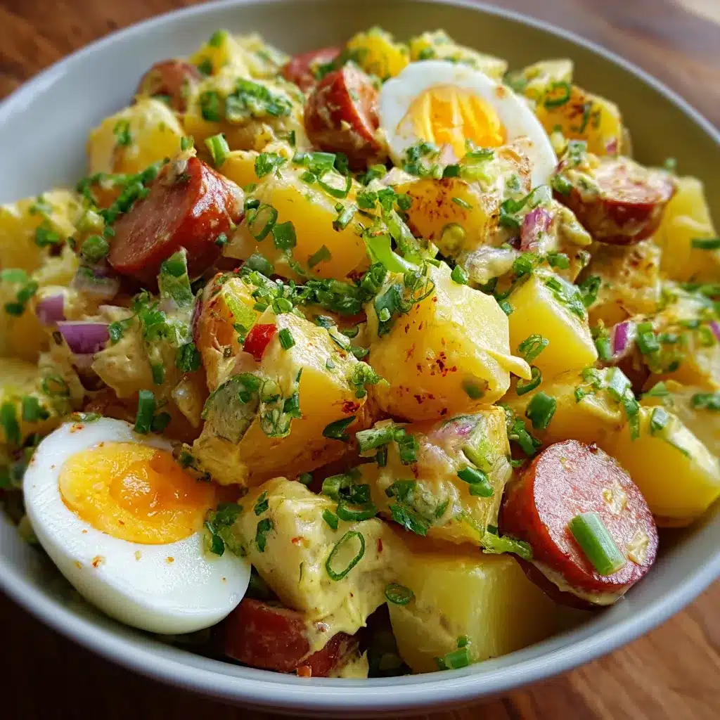Ensalada alemana de patatas con salchichas, pepinillos y huevo duro servida fría en un bol blanco