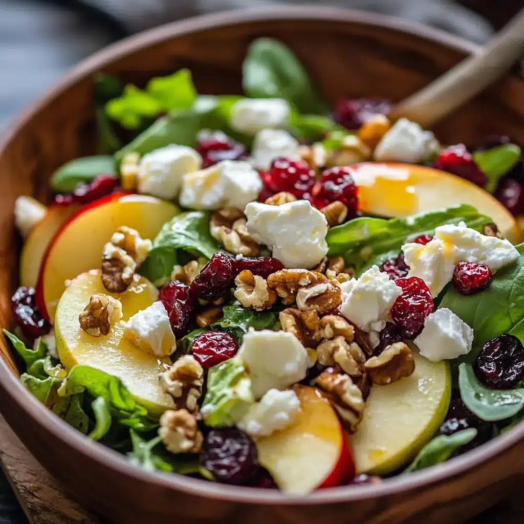 Ensalada fresca de manzana con mezcla de hojas verdes, nueces, queso feta y aderezo cremoso de yogur.