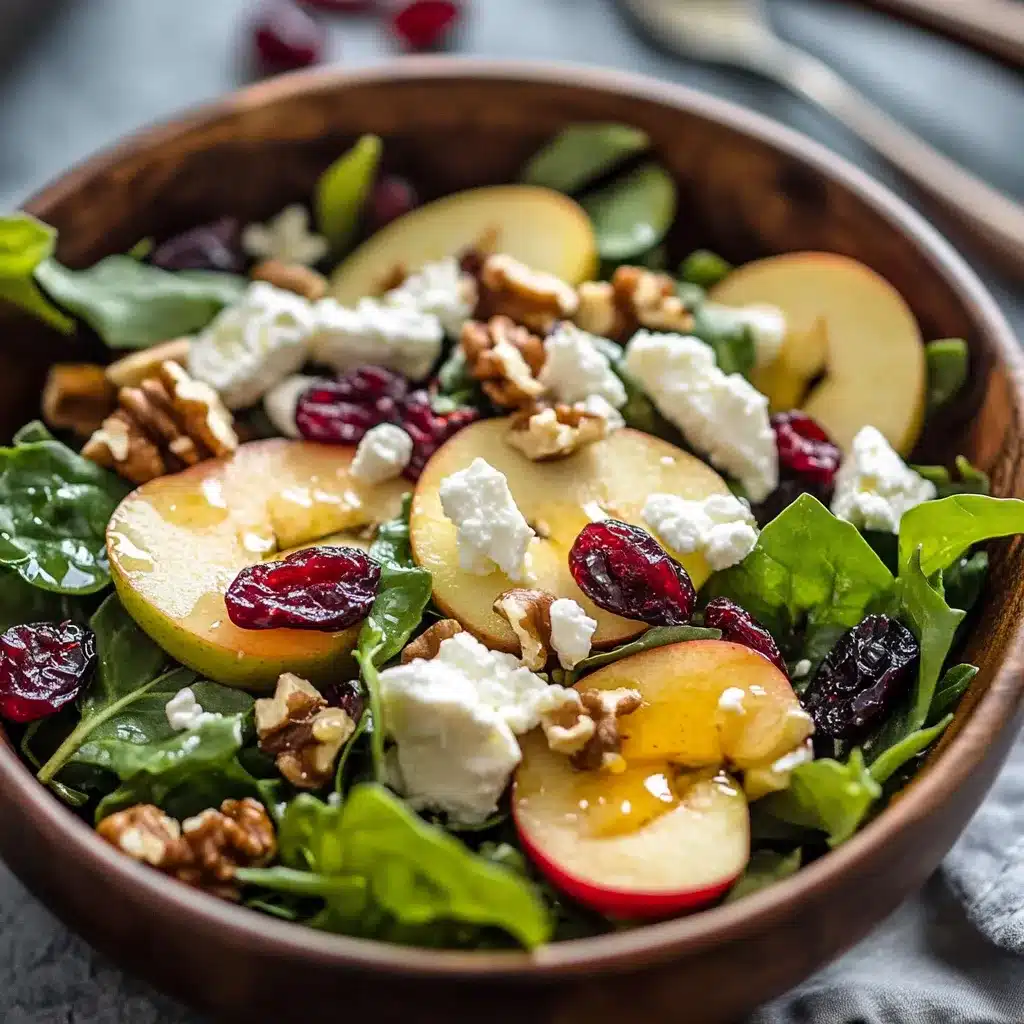 Ensalada fresca de manzana con mezcla de hojas verdes, nueces, queso feta y aderezo cremoso de yogur.