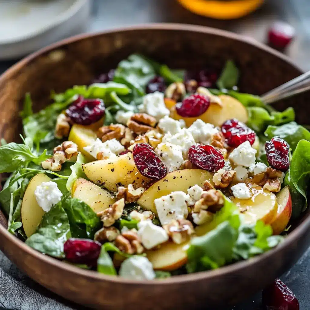 Ensalada fresca de manzana con mezcla de hojas verdes, nueces, queso feta y aderezo cremoso de yogur.