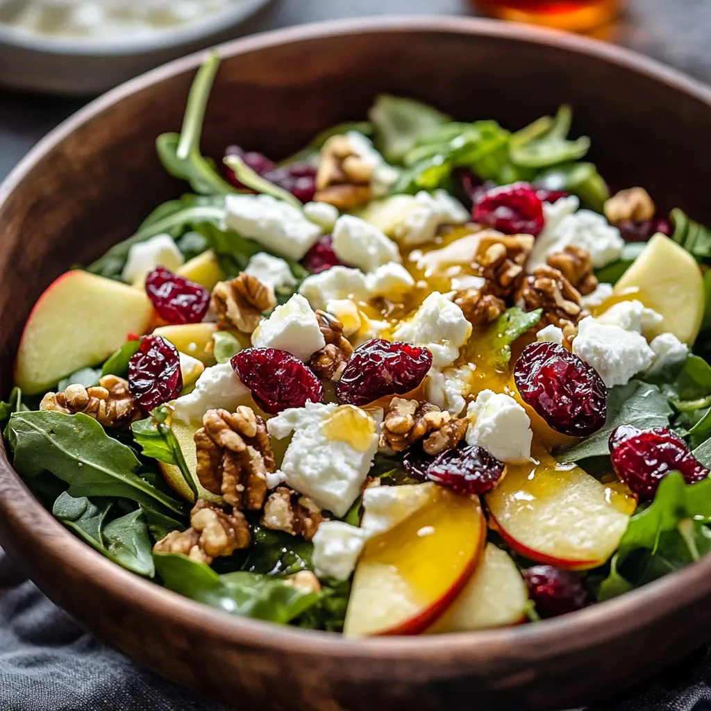 Ensalada fresca de manzana con mezcla de hojas verdes, nueces, queso feta y aderezo cremoso de yogur.