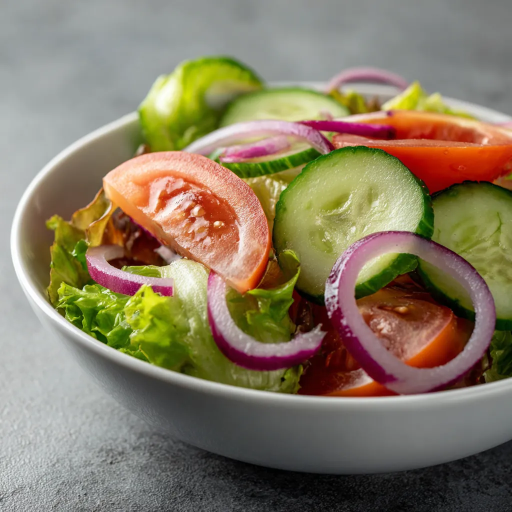 Ensalada griega servida en plato blanco con tomates, aceitunas y queso feta