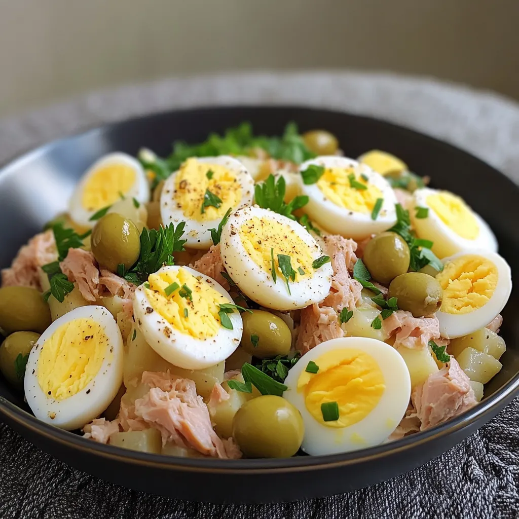 Ensalada de papas con atún y huevos servida en plato blanco