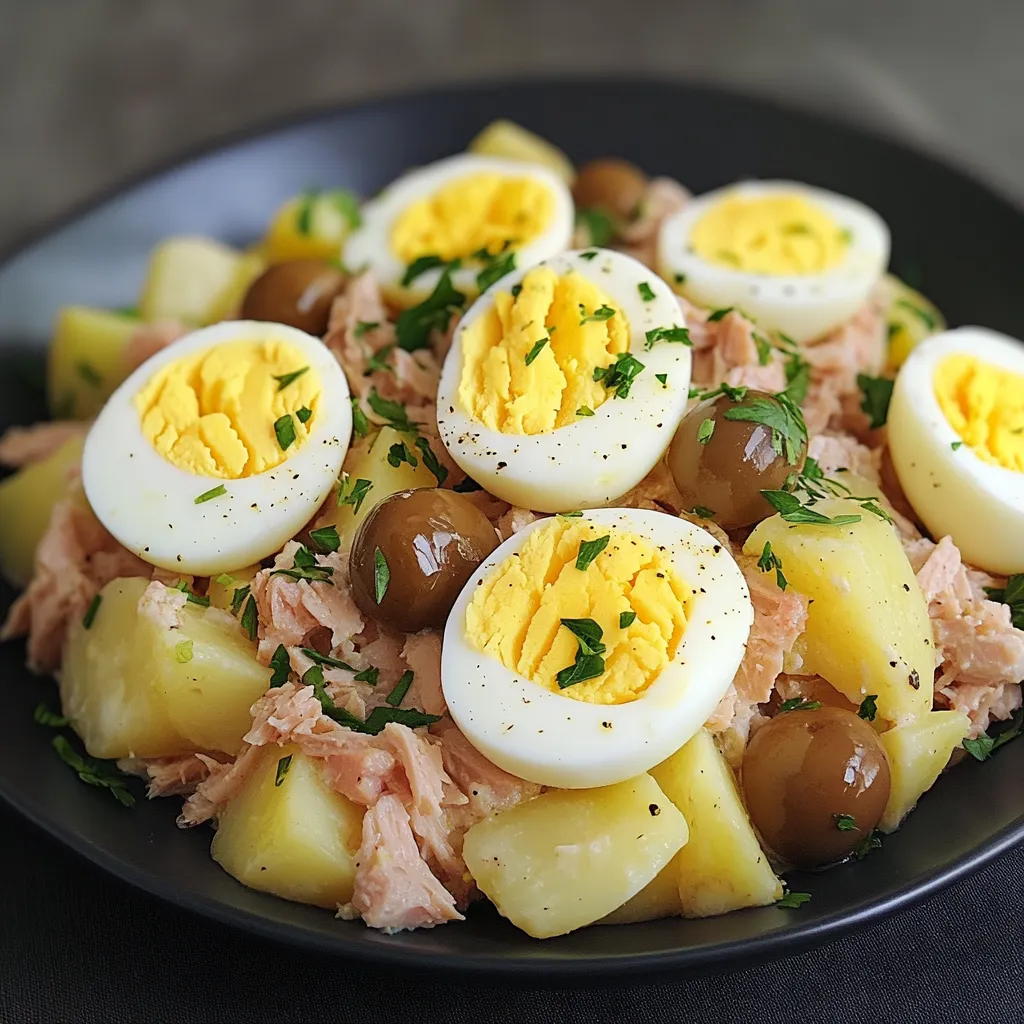 Ensalada de papas con atún y huevos servida en plato blanco