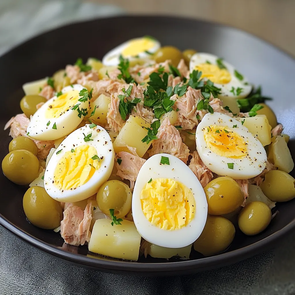 Ensalada de papas con atún y huevos servida en plato blanco