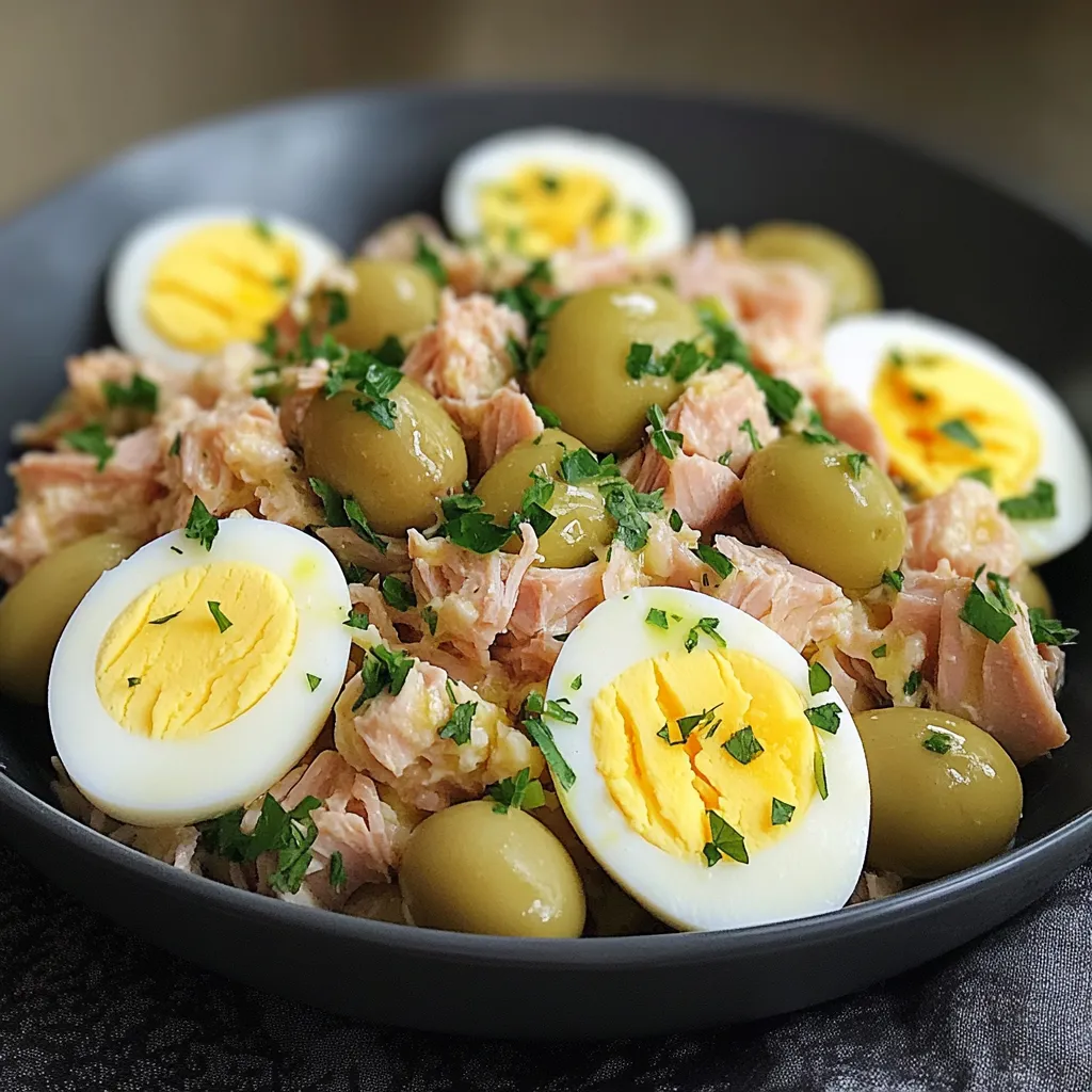 Ensalada de papas con atún y huevos servida en plato blanco
