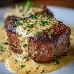 Filete mignon cubierto con salsa cremosa de mostaza y parmesano servido en sartén