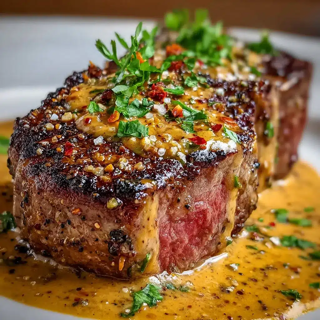 Filete mignon cubierto con salsa cremosa de mostaza y parmesano servido en sartén