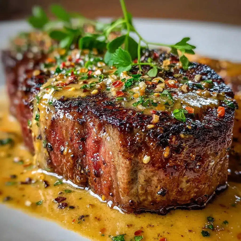 Filete mignon cubierto con salsa cremosa de mostaza y parmesano servido en sartén