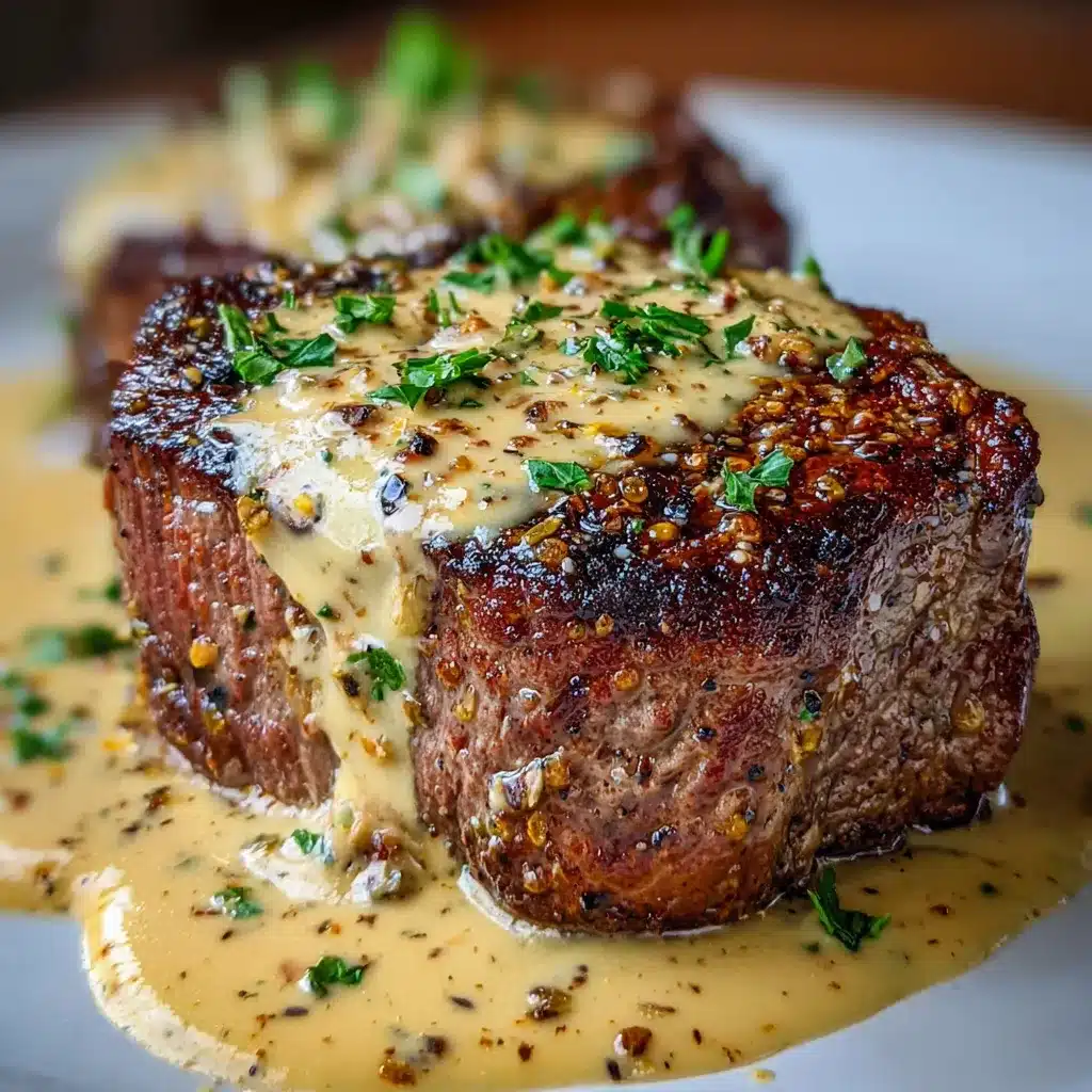 Filete mignon cubierto con salsa cremosa de mostaza y parmesano servido en sartén