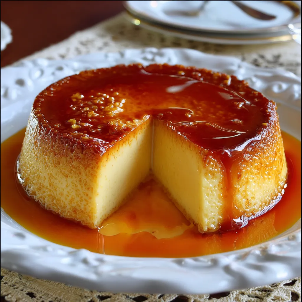 Flan clásico casero con caramelo líquido en la parte superior, servido en plato blanco