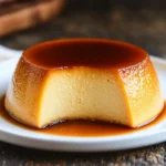 Flan clásico casero con caramelo líquido en la parte superior, servido en plato blanco