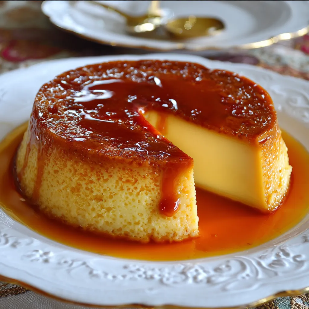 Flan clásico casero con caramelo líquido en la parte superior, servido en plato blanco