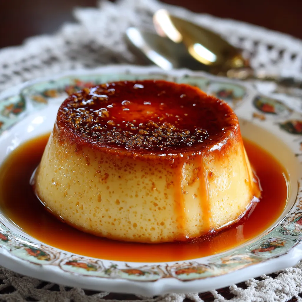 Flan clásico casero con caramelo líquido en la parte superior, servido en plato blanco