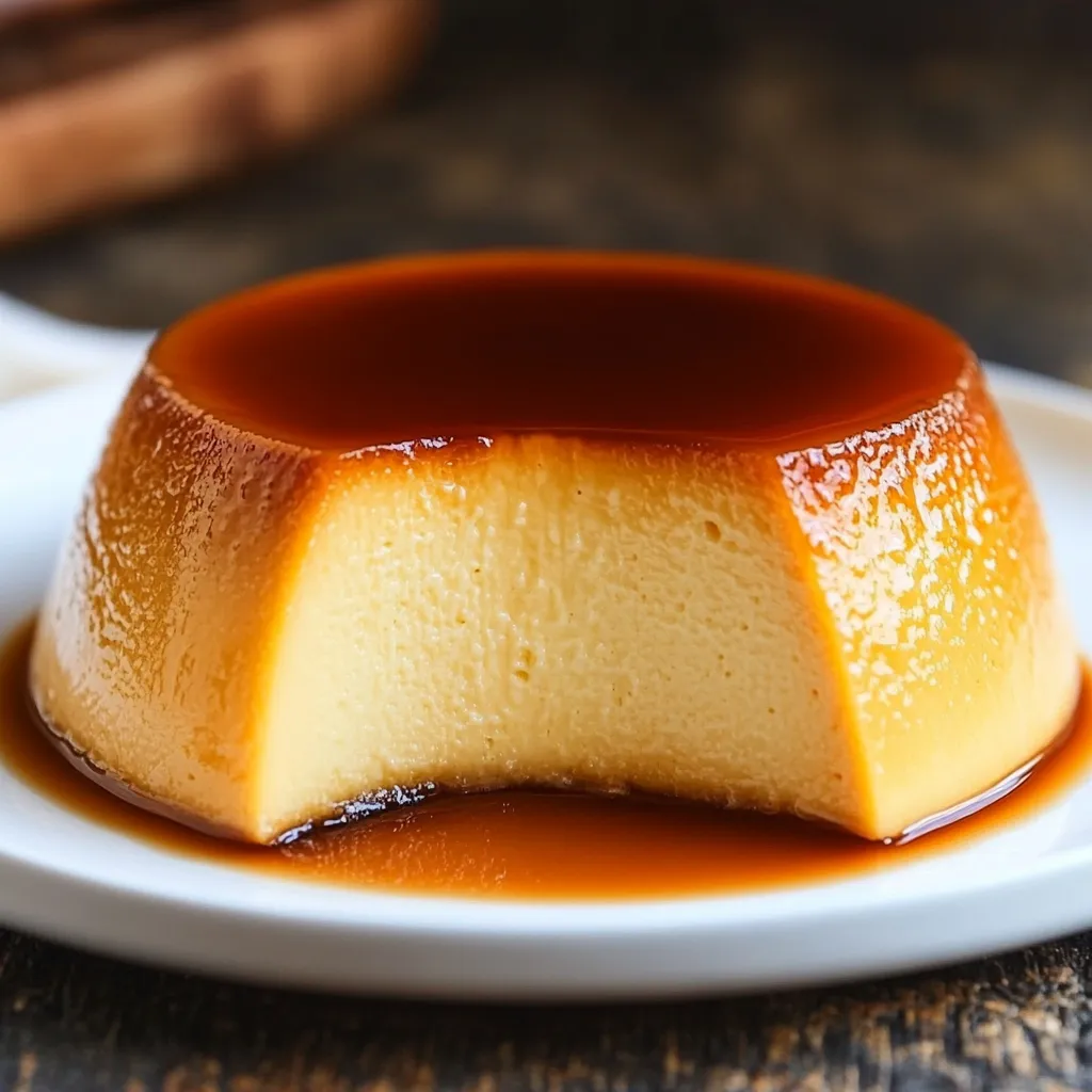 Flan clásico casero con caramelo líquido en la parte superior, servido en plato blanco