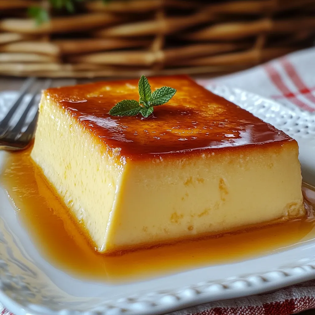 Flan cremoso de Maizena servido en plato blanco con caramelo líquido por encima.