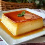 Flan cremoso de Maizena servido en plato blanco con caramelo líquido por encima.