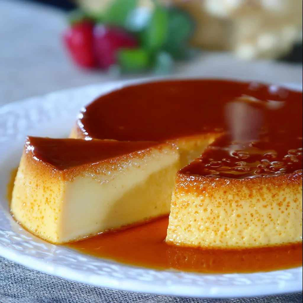 Flan casero cremoso desmoldado con caramelo brillante, hecho con solo dos ingredientes
