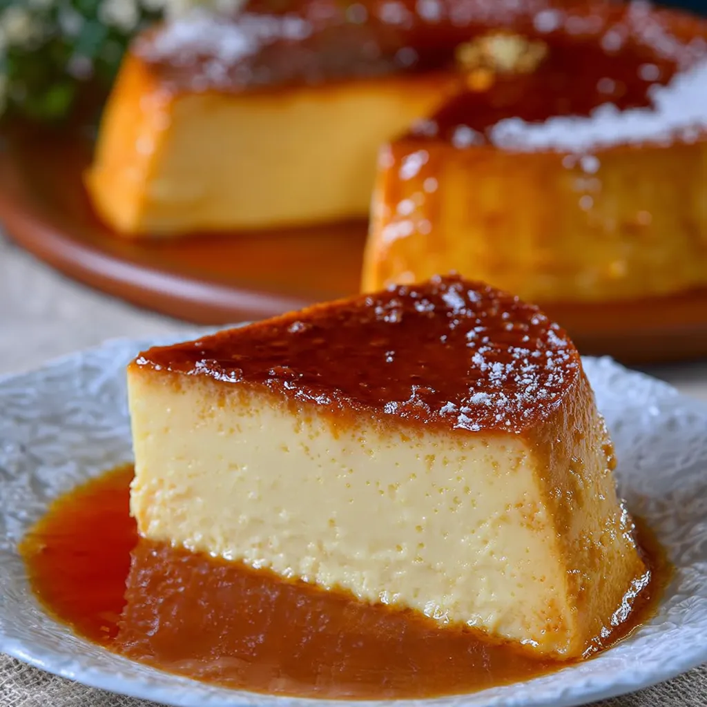 Flan casero cremoso desmoldado con caramelo brillante, hecho con solo dos ingredientes