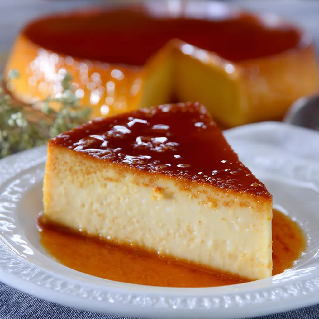 Flan casero cremoso desmoldado con caramelo brillante, hecho con solo dos ingredientes