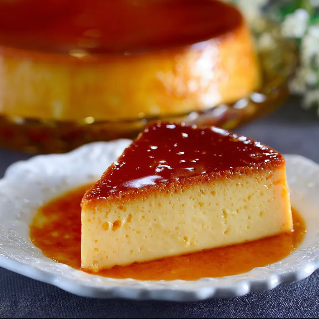 Flan casero cremoso desmoldado con caramelo brillante, hecho con solo dos ingredientes