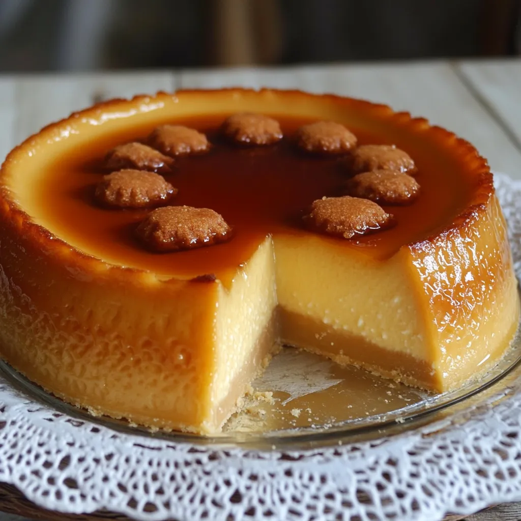 Flan de Galletas Marías casero servido sobre un plato blanco con caramelo brillante