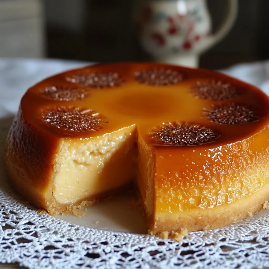 Flan de Galletas Marías casero servido sobre un plato blanco con caramelo brillante