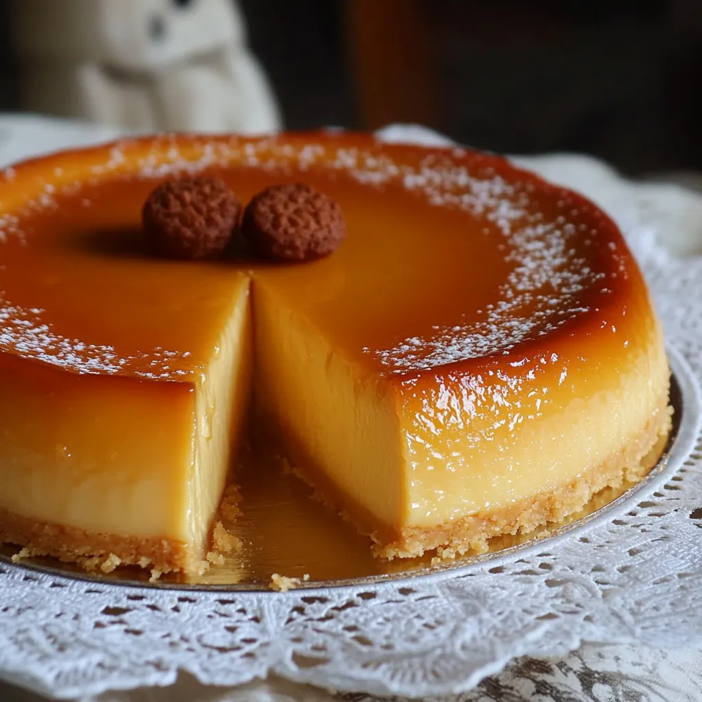 Flan de Galletas Marías casero servido sobre un plato blanco con caramelo brillante