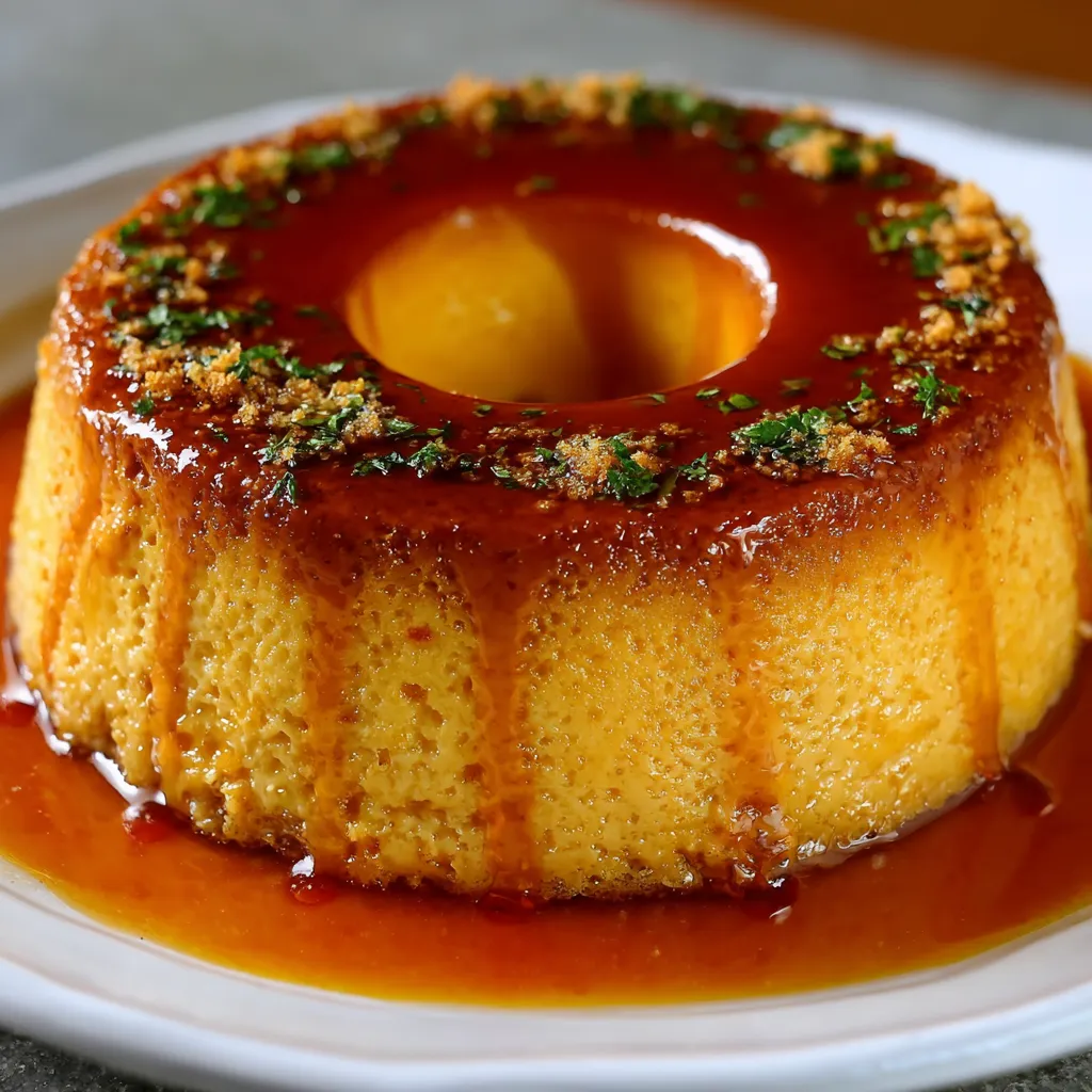Flancocho servido en plato blanco, mostrando capas de flan cremoso y bizcocho esponjoso.