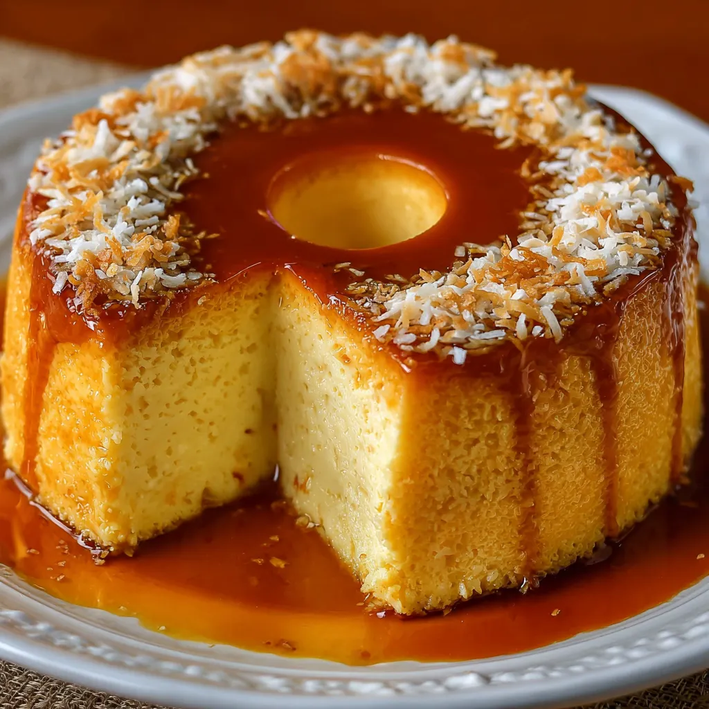 Flancocho servido en plato blanco, mostrando capas de flan cremoso y bizcocho esponjoso.