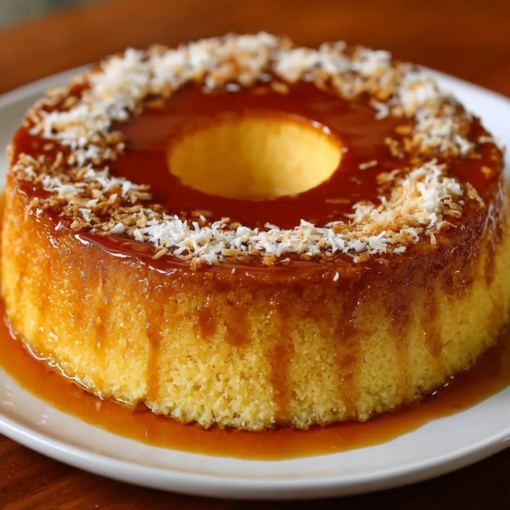 Flancocho servido en plato blanco, mostrando capas de flan cremoso y bizcocho esponjoso.