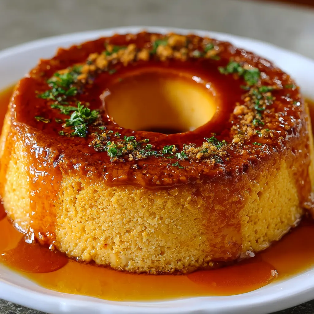 Flancocho servido en plato blanco, mostrando capas de flan cremoso y bizcocho esponjoso.