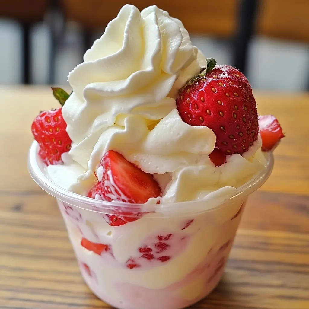 Fresas frescas servidas con crema dulce batida en una copa de postre.
