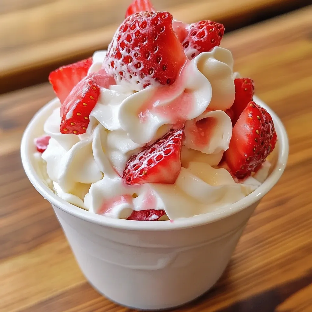 Fresas frescas servidas con crema dulce batida en una copa de postre.