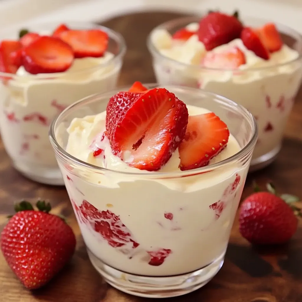 Fresas frescas servidas con crema dulce batida en una copa de postre.