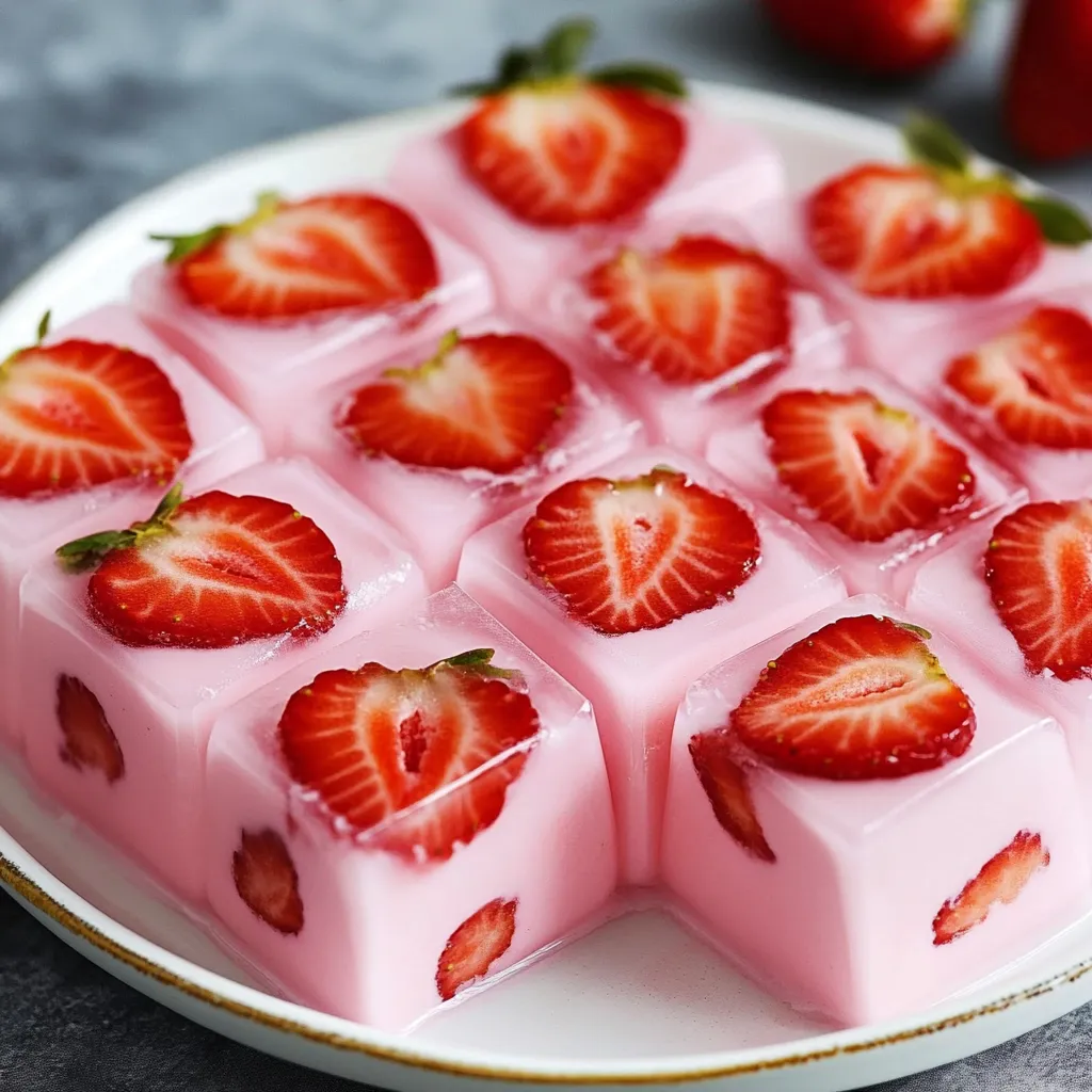 Gelatina de yogur de fresa servida en porción individual, decorada con fresas frescas