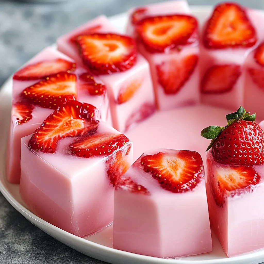 Gelatina de yogur de fresa servida en porción individual, decorada con fresas frescas