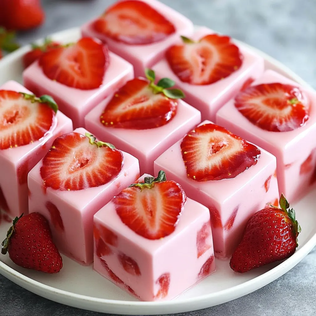 Gelatina de yogur de fresa servida en porción individual, decorada con fresas frescas