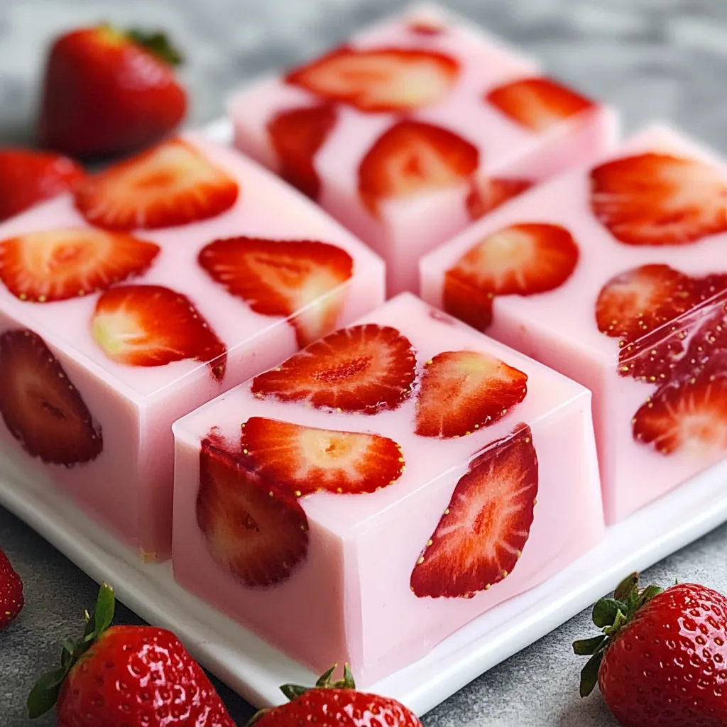 Gelatina de yogur de fresa servida en porción individual, decorada con fresas frescas