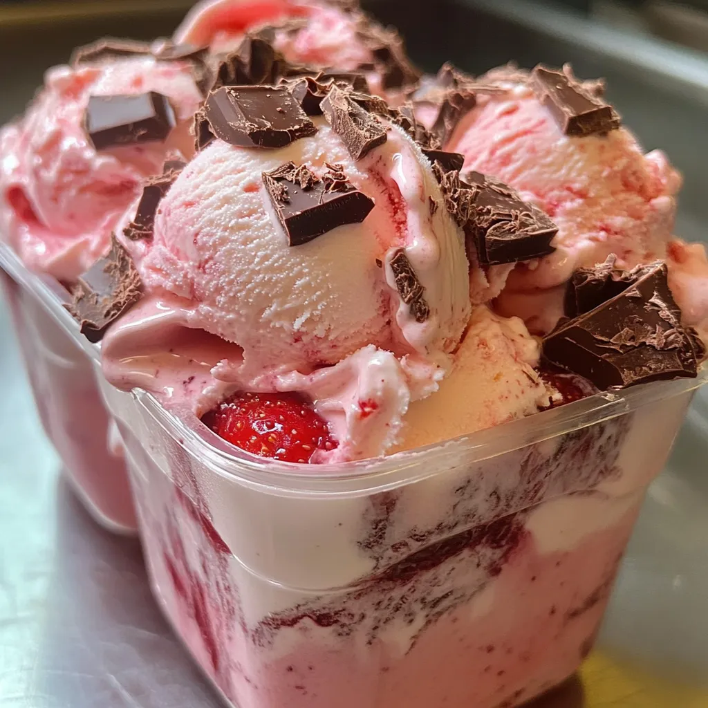 helado casero de fresa con chocolate servido en tarrina