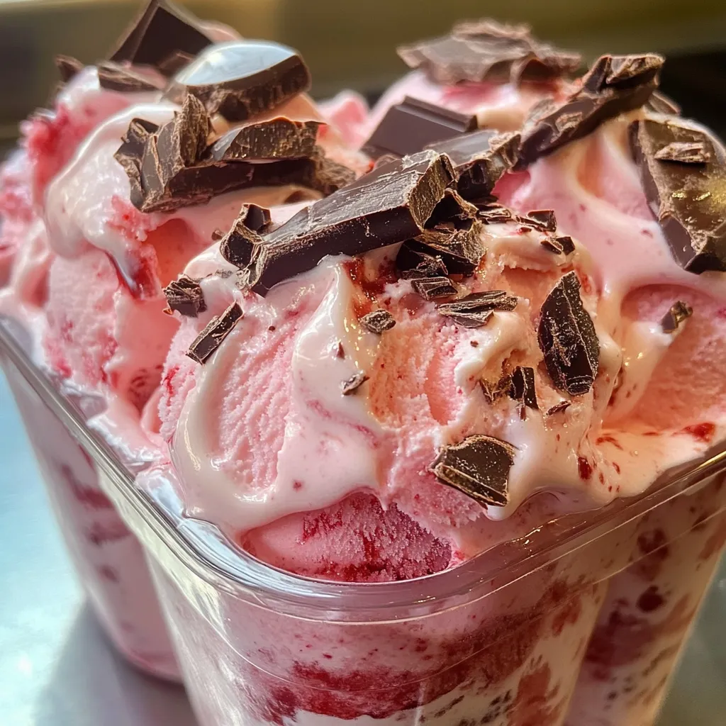 helado casero de fresa con chocolate servido en tarrina