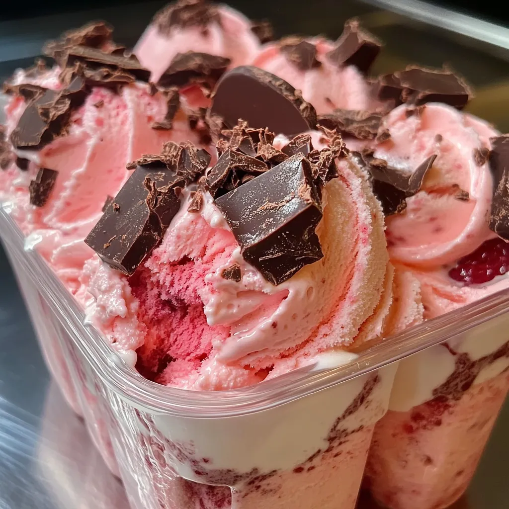 helado casero de fresa con chocolate servido en tarrina