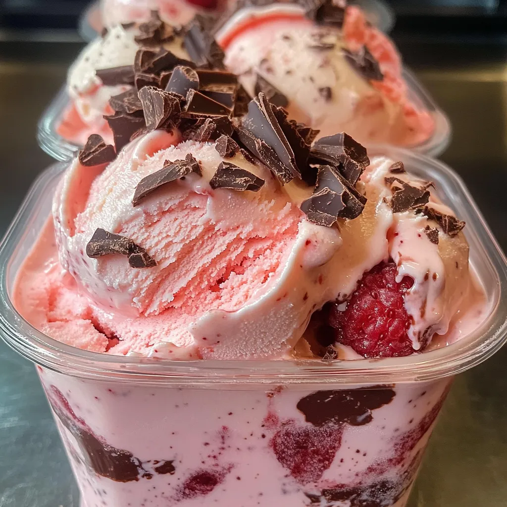 helado casero de fresa con chocolate servido en tarrina