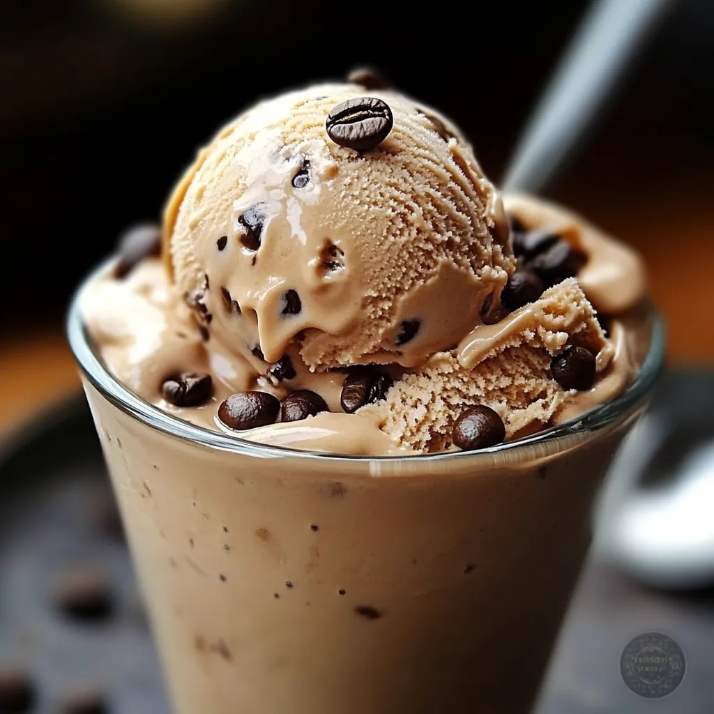 Helado cremoso de café casero servido en copa de vidrio con textura suave