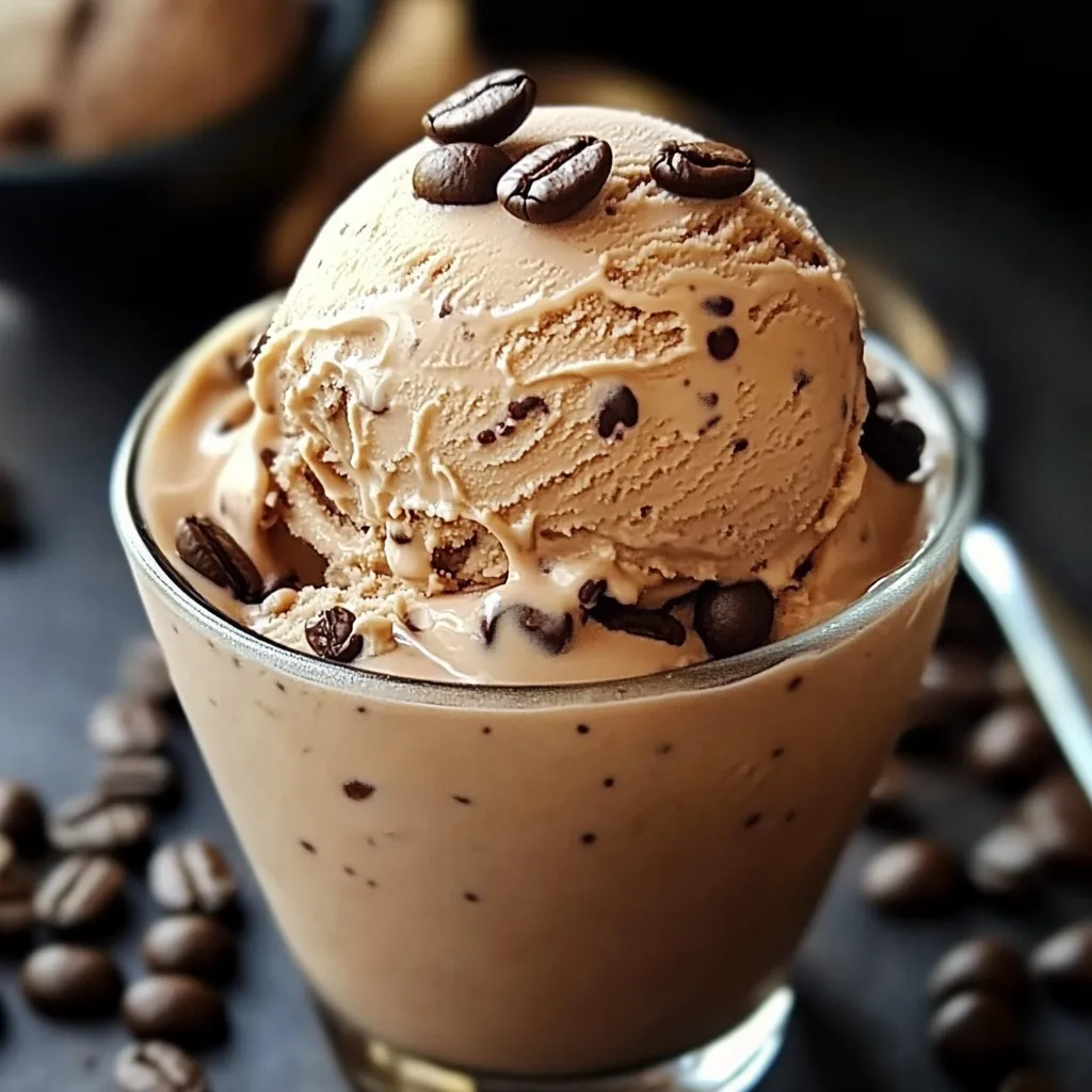 Helado cremoso de café casero servido en copa de vidrio con textura suave