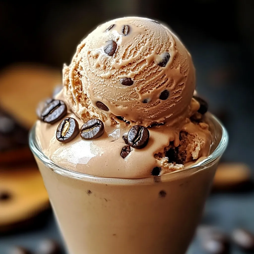 Helado cremoso de café casero servido en copa de vidrio con textura suave